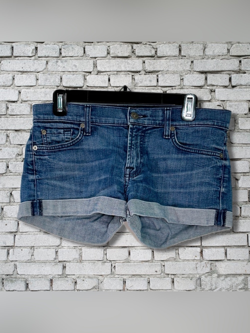 7 For All Mankind Dark Blue Rolled-Hem Jean Shorts